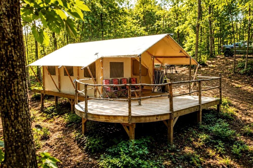 Lenoir RV Rental | Private Glamping Tent on 180 Acres with Mountain Trails & Stargazing Near Lenoir, NC