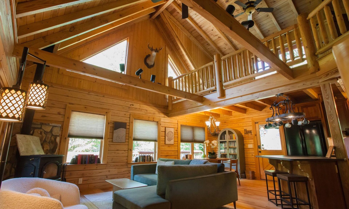 Dawsonville Cabin | Riverfront Log Cabin with Treetop Views near Dahlonega- Hot Tub, Firepits, more!