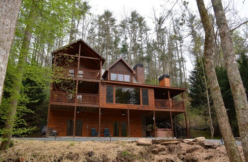 Ellijay Cabin | Riverfront cabin with WiFi, 2 fireplaces, game room, pool table and hot tub.