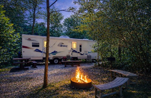 South Bloomingville Resort | RV Site 1 of 4: Lot rental only; RVs not provided.