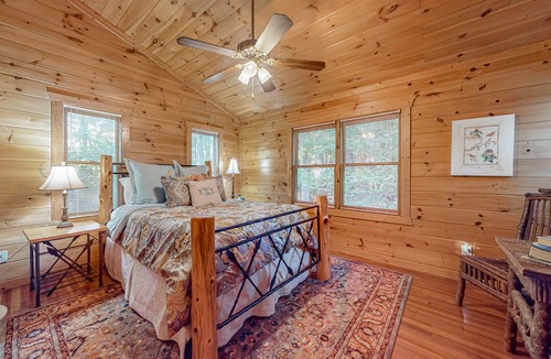 Cherry Log Cabin | Secluded mountain-view cabin with hot tub, fireplace, firepit, central AC & deck