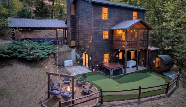 Arcade Cabin with Sauna, Cold Plunge, Hot Tub, Putting Green, and Mountain View
