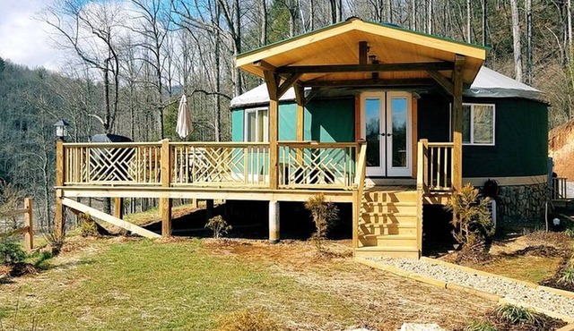 Unique Yurt Rental on Peony Farm with Riverfront View in Clyde, North Carolina