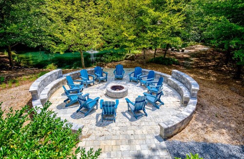 Dahlonega Cabin | Custom riverfront retreat with private pond, dock, firepit & outdoor living